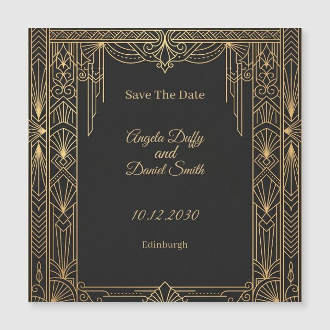 Schwarze Gold Art Deco Save The Date Magnet (Vorderseite)