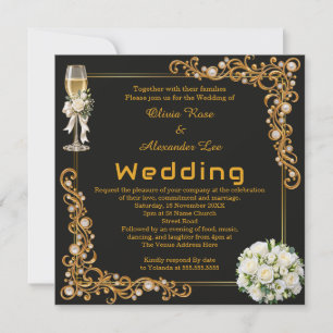 Schwarze Gold Champagner Perle Foto Hochzeit Einladung