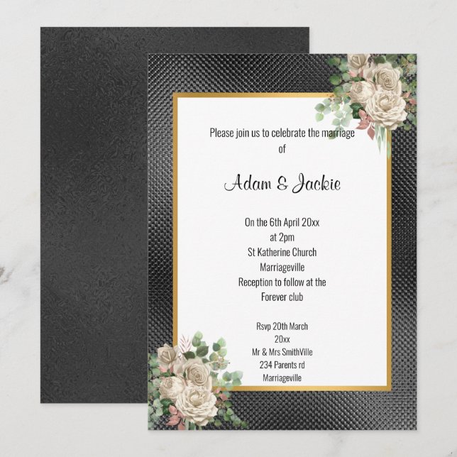 SCHWARZE GOLD EMBOSSED ROSE EUCALYPTUS WEDD 2 EINLADUNG (Vorne/Hinten)