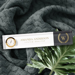 SCHWARZE GOLD FLORAL LAUREL WREATH ERSTE MONOGRAMM NAMENSPLAKETTE