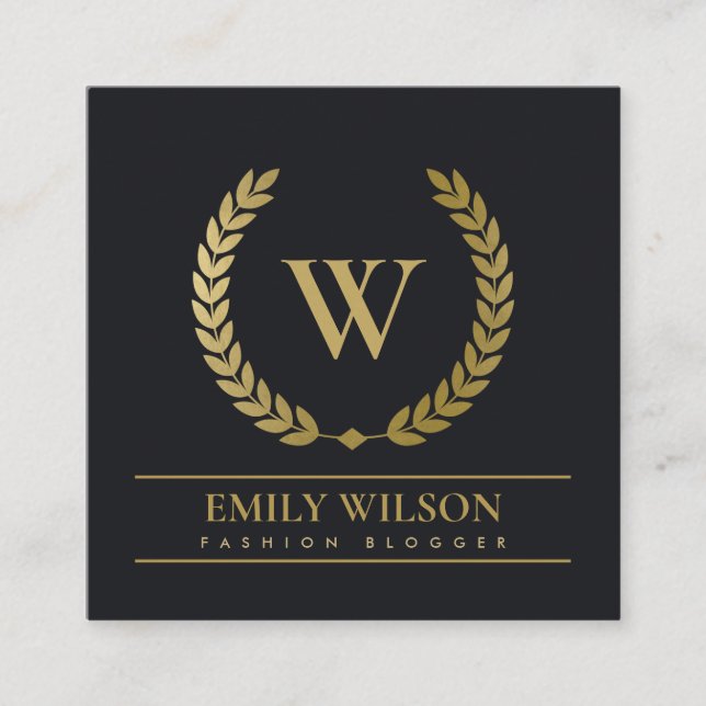 SCHWARZE GOLD FLORAL LAUREL WREATH ERSTE MONOGRAMM QUADRATISCHE VISITENKARTE (Vorderseite)