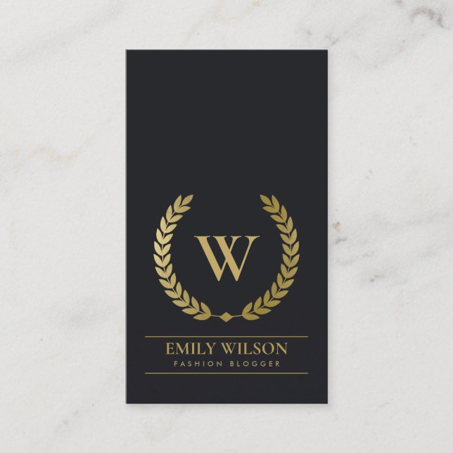 SCHWARZE GOLD FLORAL LAUREL WREATH ERSTE MONOGRAMM VISITENKARTE (Vorderseite)