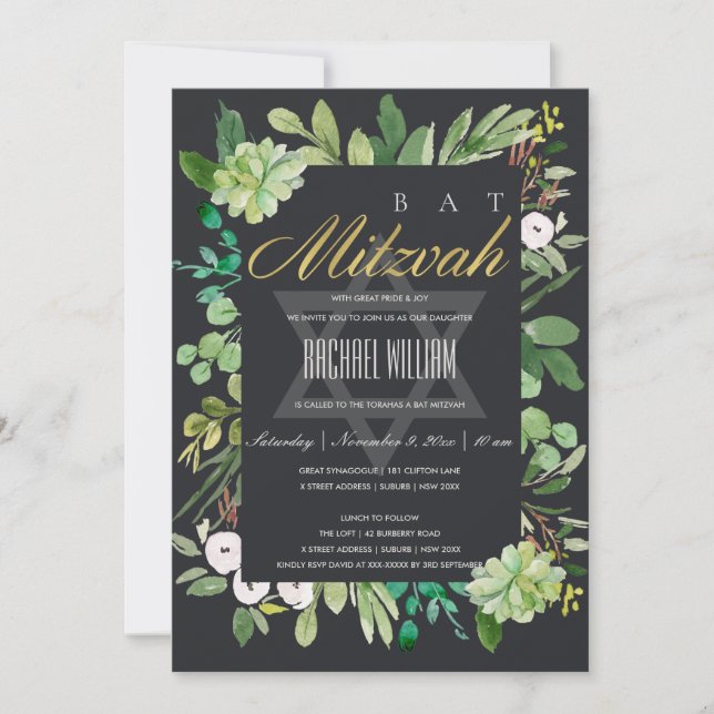 SCHWARZE GOLD FOLIAGE FRAME STAR BAR BAT MITZVAH EINLADUNG (Vorderseite)