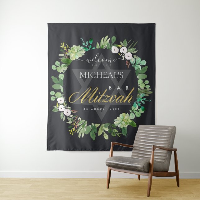 SCHWARZE GOLD FOLIAGE WREATH STAR BAR MITZVAH WILL WANDTEPPICH (Beispiel)