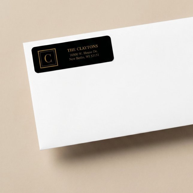 Schwarze & Gold gerahmte Monogramm-Rücksende-Adres (Von Creator hochgeladen)