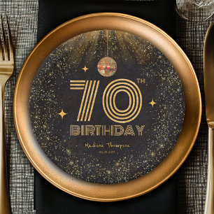 Schwarze Gold Glitter Disco Ball Party 70. Geburts Pappteller