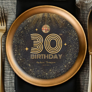 Schwarze Gold Glitter Disco-Kugel Party 30. Geburt Pappteller