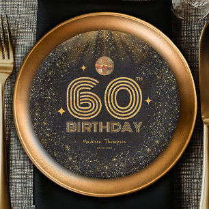 Schwarze Gold Glitter Disco-Kugel Party 60. Geburt Pappteller