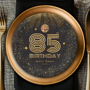 Schwarze Gold Glitter Disco-Kugel Party 85. Geburt Pappteller