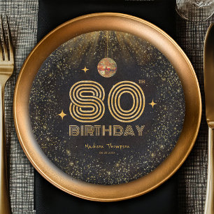 Schwarze Gold-Glitter-Disco-Kugel-Party zum 80. Ge Pappteller