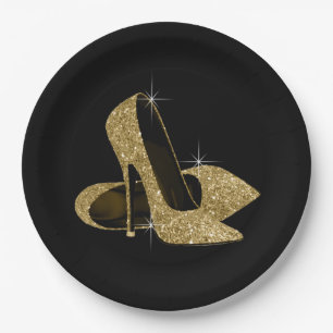 Schwarze Gold Glitter High Heel Schuhe Pappteller
