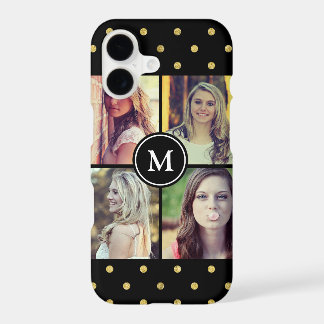 Schwarze Gold Glitter Punkte Foto Collage Monogram