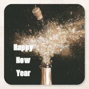 Schwarze Gold Happy New Year Champagnerflasche Rechteckiger Pappuntersetzer