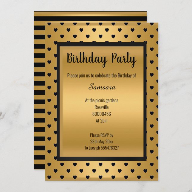 SCHWARZE GOLD HERZPATTERN STRIPE JEDEN ANLASS EINLADUNG (Vorne/Hinten)