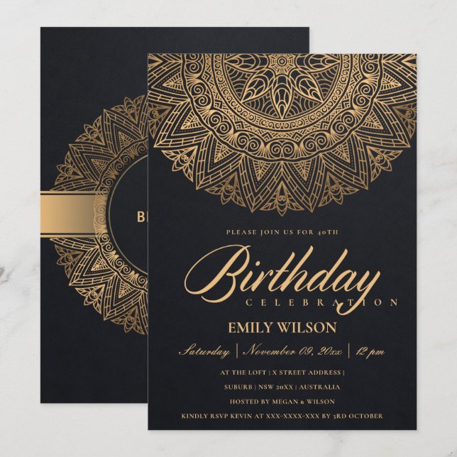 SCHWARZE GOLD MANDALA JEDES JAHR 65. GEBURTSTAG EINLADUNG (Vorne/Hinten)