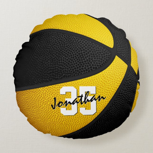 Schwarze Gold Mannschaft Farben Jungs Basketballko Rundes Kissen (Vorderseite)