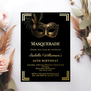 Schwarze Gold-Maskerade Luxus-Geburtstagsfeier Folieneinladung