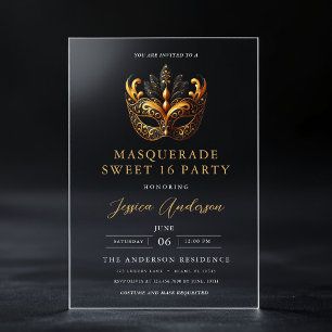 Schwarze Gold-Masquerade Sweet 16 Geburtstagsfeier Acryleinladungen