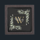 Schwarze Gold Monogram Greenery Kiste<br><div class="desc">Elegante Aquarellgrün verlasse florale Monogramm-Namen-Geschenkboxen mit einem goldenen Monogramm-Initial auf einem schwarzen Hintergrund mit Ihrem Namen Set in einem stilvollen weißen Skript. Entwickelt von Thisisnotme©</div>
