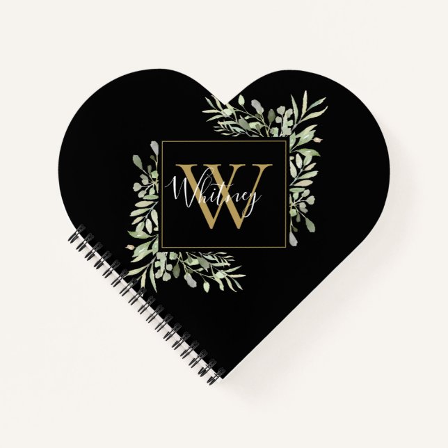 Schwarze Gold Monogram Greenery Notizbuch (Vorderseite)
