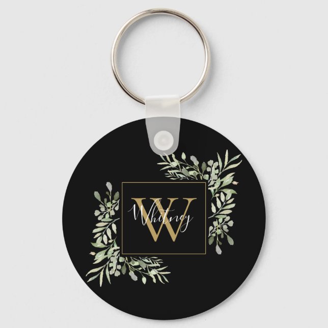 Schwarze Gold Monogram Greenery Schlüsselanhänger (Vorderseite)