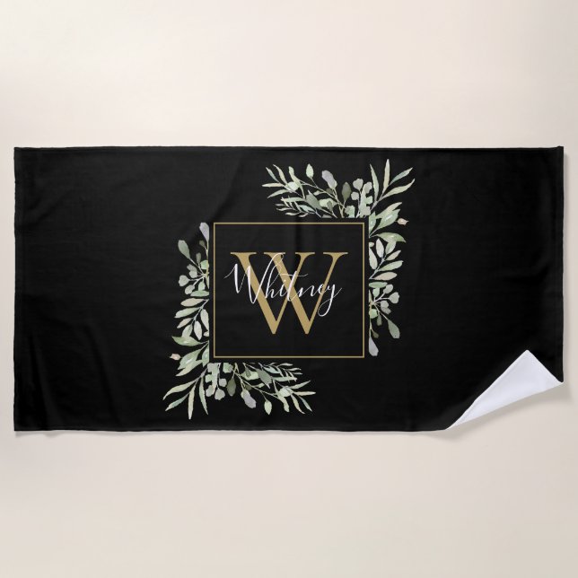 Schwarze Gold Monogram Greenery Strandtuch (Vorderseite)