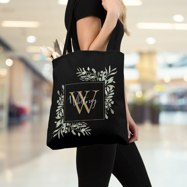 Schwarze Gold Monogram Greenery Tasche (Von Creator hochgeladen)