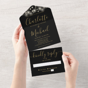 Schwarze Gold-Schnurlichter Moderne Schrift Hochze All In One Einladung