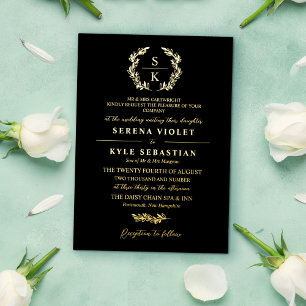 Schwarze Gold-Typografie-Kranz-Monogramm-Hochzeit Folieneinladung