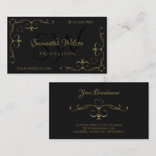 Schwarze Gold Verziert Corner Borders Initials Visitenkarte (Vorne/Hinten)