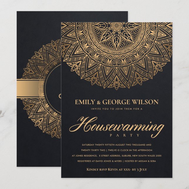 SCHWARZE GOLD VERZIERT MANDALA HOUSEWARMING PARTY EINLADUNG (Vorne/Hinten)
