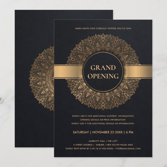 SCHWARZE GOLD VERZIERTE CLASSIC MANDALA GRAND ÖFFN EINLADUNG (Vorne/Hinten)