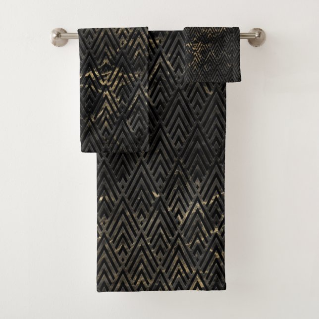 SCHWARZE GOLD VINTAGES ZICKZACK MARBLE BADEZIMMER  BADHANDTUCH SET (Insitu)