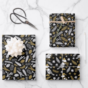 Schwarze Gold Winter Botanik Vögel Weihnachten  Geschenkpapier Set