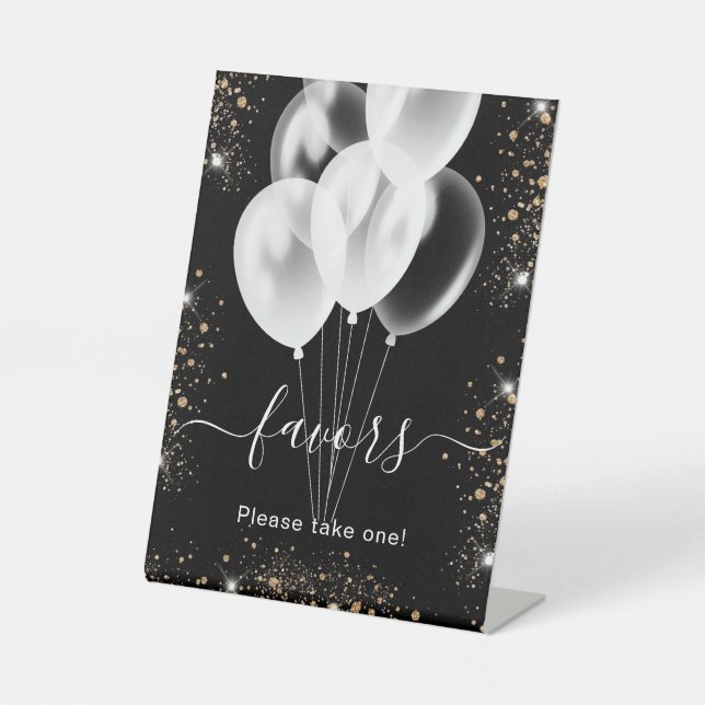 Schwarze Goldballons für Glitzer Sockelschild (Vorderseite)