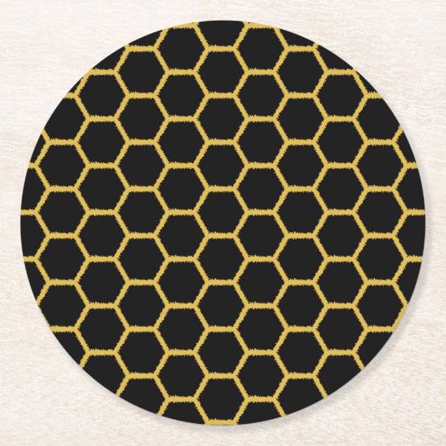 Schwarze Goldbienenwaben Runder Pappuntersetzer (Vorderseite)