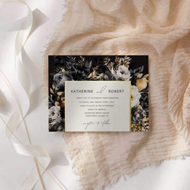 Schwarze Goldblumenhochzeit Folieneinladung (Von Creator hochgeladen)