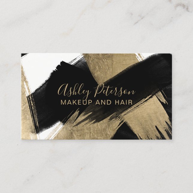Schwarze Goldbrushstrokeshaar-Make-uptypographie Visitenkarte (Vorderseite)