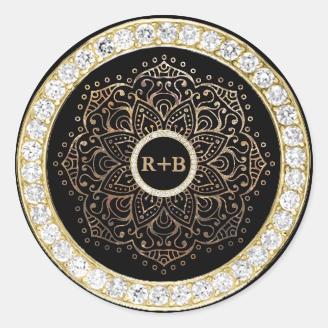 Schwarze GolddiamantenMandala Boho Gastgeschenk Runder Aufkleber (Vorderseite)