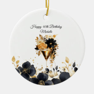 Schwarze goldene Blumen-Cocktail-Drinks zum 40. Ge Keramik Ornament