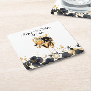Schwarze goldene Blumen-Cocktail-Drinks zum 40. Ge Rechteckiger Pappuntersetzer