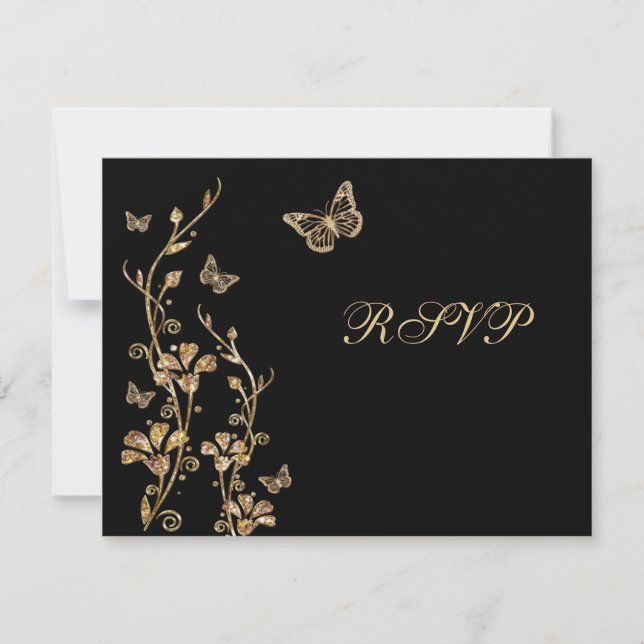 Schwarze, goldene Blüte mit Schmetterlingskarte Einladung (Vorderseite)
