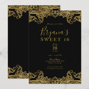 Schwarze & goldene elegante Spitze Sweet 16 Party Einladung