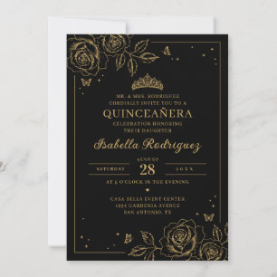 Schwarze goldene Floral Quinceañera Einladung
