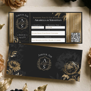 Schwarze Goldene Florale Bordkarte Flugticket Hoch Einladung