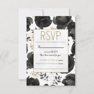 Schwarze Goldene Florale Glamouröse Blätter Hochze RSVP Karte