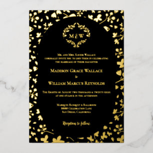 Schwarze & goldene florale Monogramm-Eleganz Luxus Folieneinladung