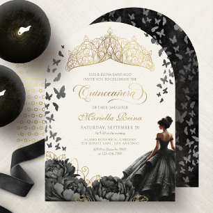 Schwarze Goldene Florale Schmetterlinge Krone Quin Einladung