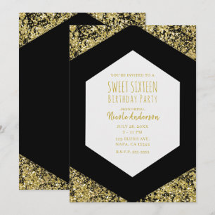 Schwarze & goldene Glitter Flakes Glam Sweet 16 Pa Einladung