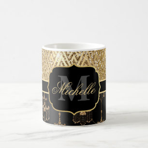 Schwarze & goldene Glitter-Glamour-Kronleuchter & Kaffeetasse